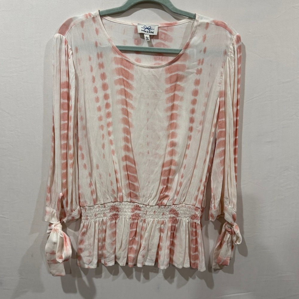 Twine & String Pink Tie Dye Smocked Peplum Blouse Tie Cuff‎ MT5967789JTS Large